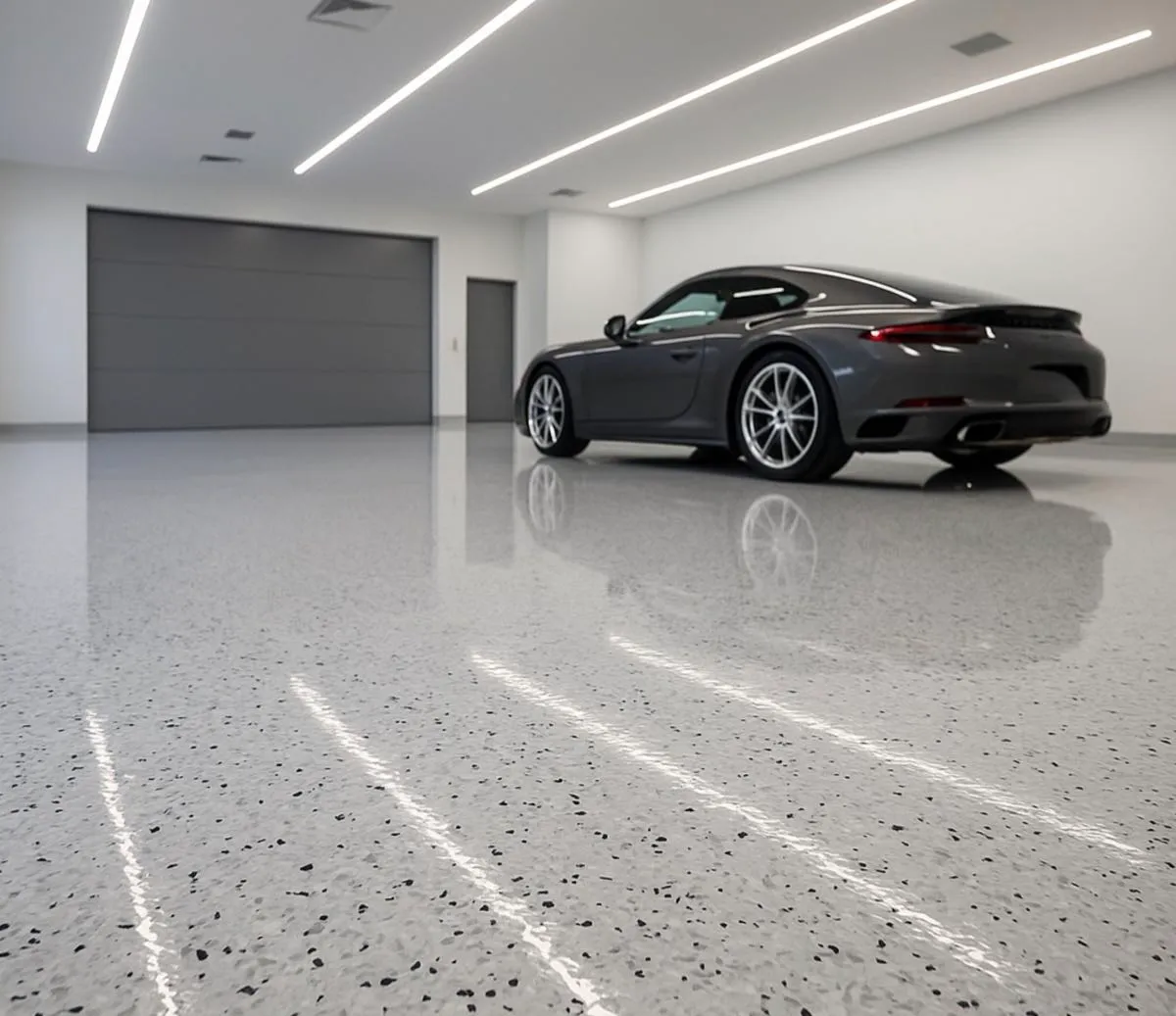 Glossy speckled epoxy garage floor in a Ventura County home with a sports car parked on it